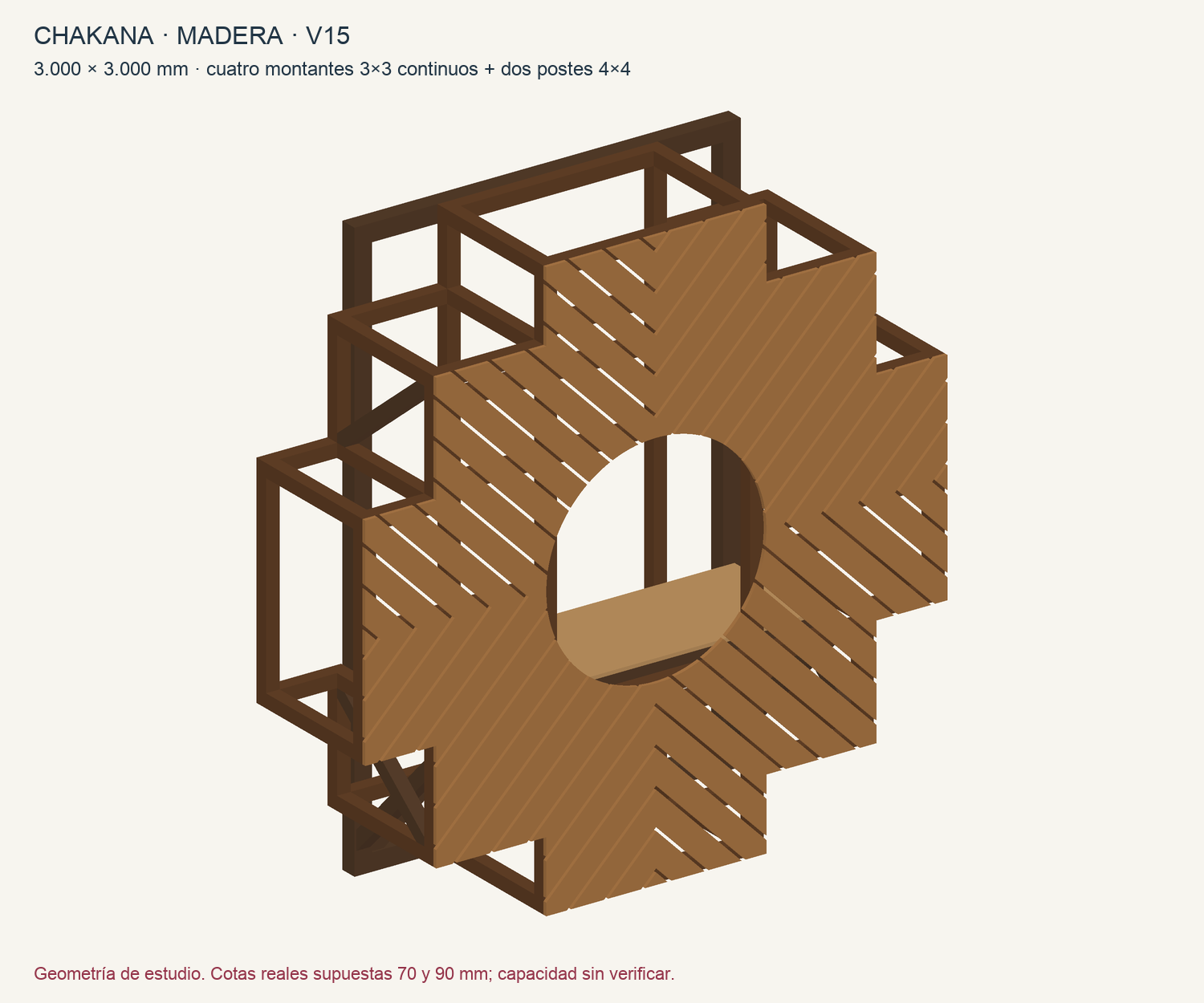 Modelo de madera v15 con círculo central, cuatro montantes y mesa interior