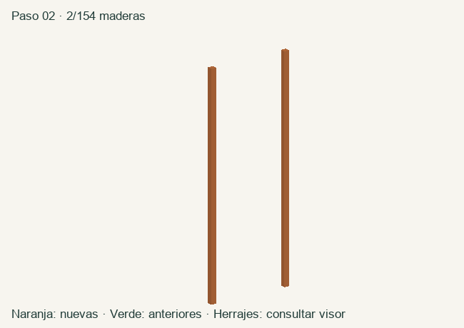 Geometría de las maderas acumuladas en este paso; herrajes en el visor 3D