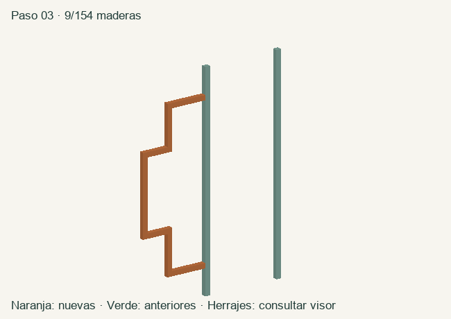 Geometría de las maderas acumuladas en este paso; herrajes en el visor 3D