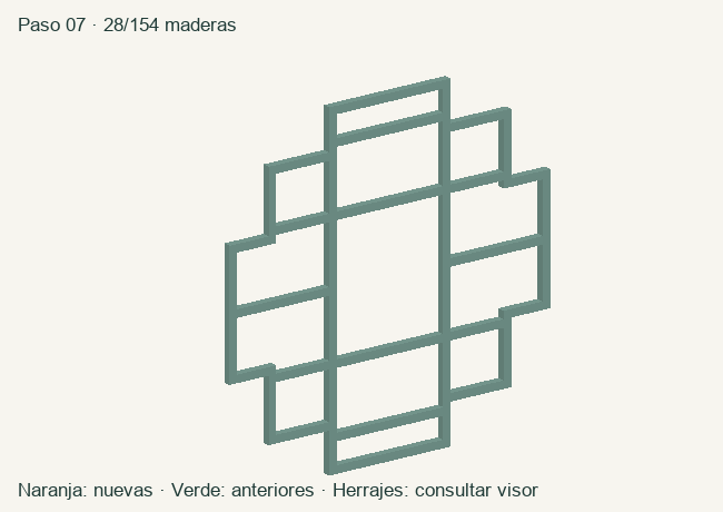Geometría de las maderas acumuladas en este paso; herrajes en el visor 3D
