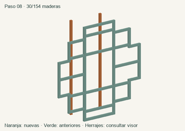 Geometría de las maderas acumuladas en este paso; herrajes en el visor 3D