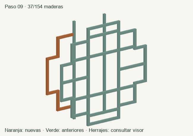 Geometría de las maderas acumuladas en este paso; herrajes en el visor 3D