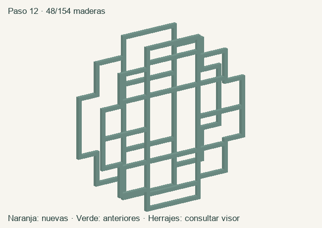Geometría de las maderas acumuladas en este paso; herrajes en el visor 3D
