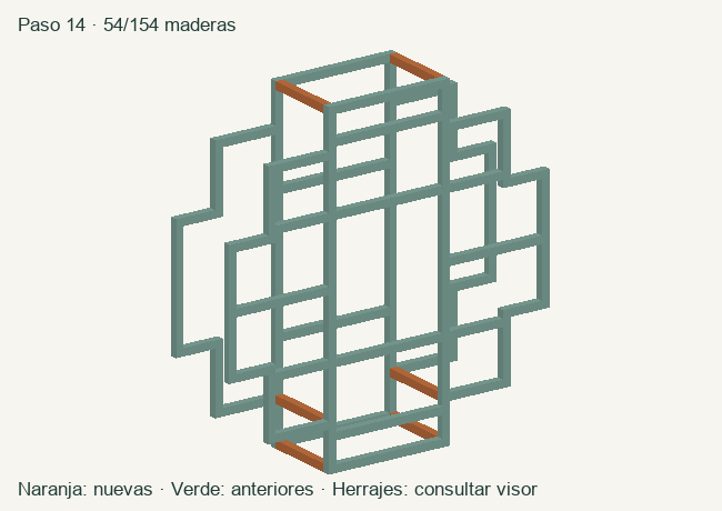 Geometría de las maderas acumuladas en este paso; herrajes en el visor 3D