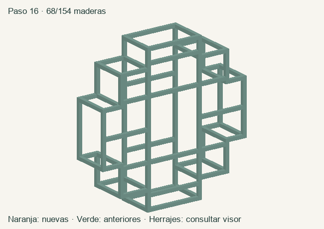 Geometría de las maderas acumuladas en este paso; herrajes en el visor 3D