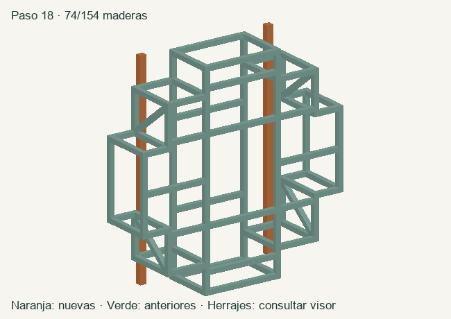 Geometría de las maderas acumuladas en este paso; herrajes en el visor 3D