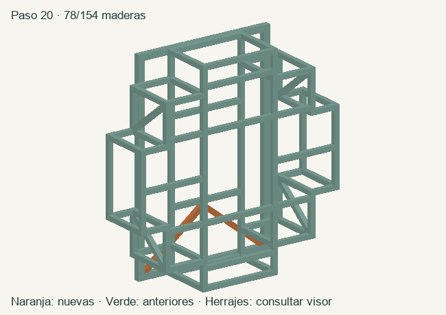 Geometría de las maderas acumuladas en este paso; herrajes en el visor 3D
