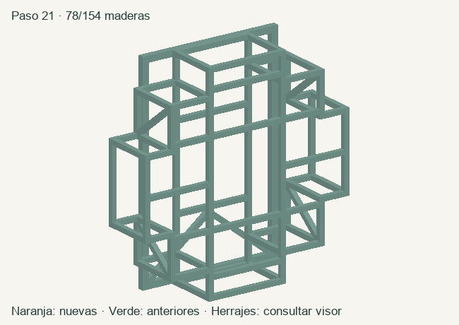 Geometría de las maderas acumuladas en este paso; herrajes en el visor 3D
