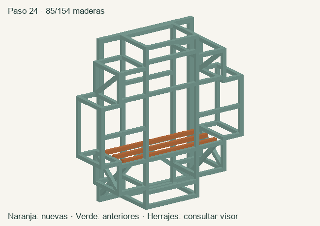 Geometría de las maderas acumuladas en este paso; herrajes en el visor 3D