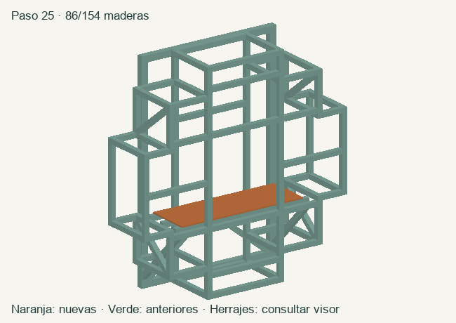 Geometría de las maderas acumuladas en este paso; herrajes en el visor 3D