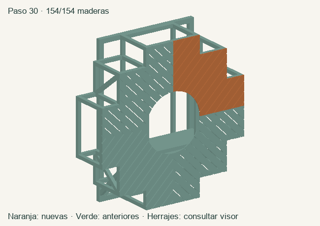 Geometría de las maderas acumuladas en este paso; herrajes en el visor 3D