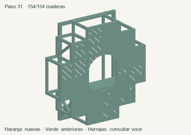 Geometría de las maderas acumuladas en este paso; herrajes en el visor 3D